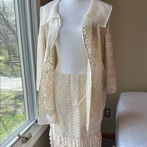 St. John Elegant Silk Cream Lace Jacket and Skirt Set